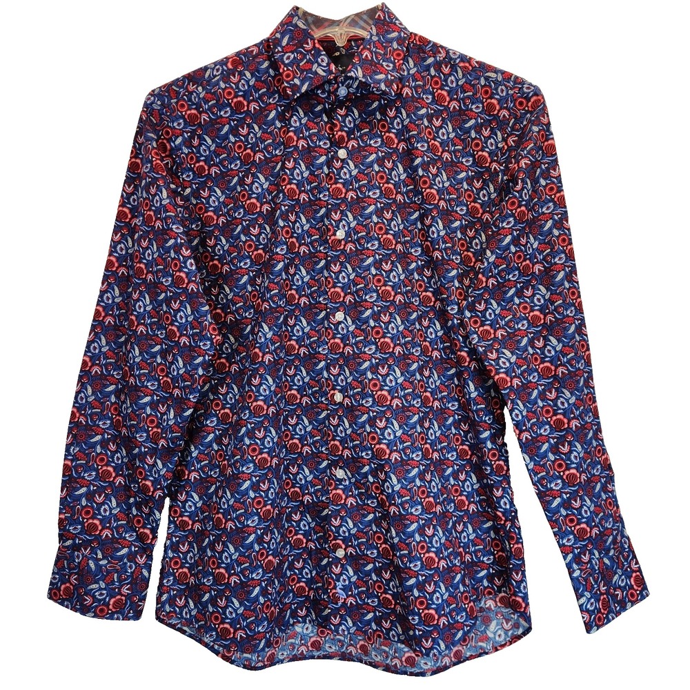 Tailorbird Men's Long Sleeve Button Down Shirt Paisley Floral Blue Red Size M